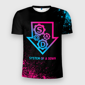 Мужская футболка 3D Slim с принтом System of a Down   neon gradient в Белгороде, 100% полиэстер с улучшенными характеристиками | приталенный силуэт, круглая горловина, широкие плечи, сужается к линии бедра | 