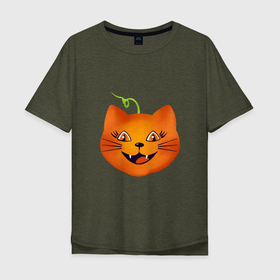 Мужская футболка хлопок Oversize с принтом Рыжий кот Джек похож на тыкву, Хэллоуин в Новосибирске, 100% хлопок | свободный крой, круглый ворот, “спинка” длиннее передней части | Тематика изображения на принте: 