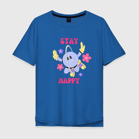 Мужская футболка хлопок Oversize с принтом Stay happy, планета с ромашками в Петрозаводске, 100% хлопок | свободный крой, круглый ворот, “спинка” длиннее передней части | 