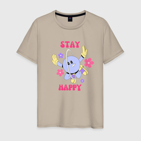 Мужская футболка хлопок с принтом Stay happy, планета с ромашками в Санкт-Петербурге, 100% хлопок | прямой крой, круглый вырез горловины, длина до линии бедер, слегка спущенное плечо. | Тематика изображения на принте: 
