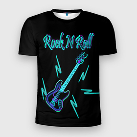 Мужская футболка 3D Slim с принтом Rock N Roll  и гитара в Белгороде, 100% полиэстер с улучшенными характеристиками | приталенный силуэт, круглая горловина, широкие плечи, сужается к линии бедра | 