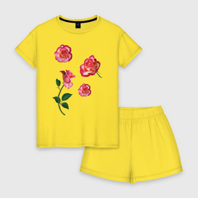 Женская пижама с шортиками хлопок с принтом Четыре розы , 100% хлопок | футболка прямого кроя, шорты свободные с широкой мягкой резинкой | 