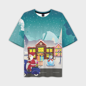 Мужская футболка OVERSIZE 3D с принтом В Новогоднюю ночь Дед Мороз едет на скутере с подарками в Екатеринбурге,  |  | 