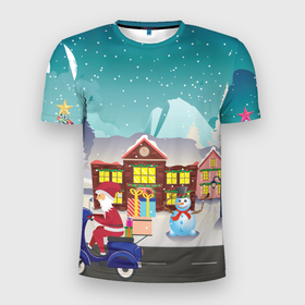 Мужская футболка 3D Slim с принтом В Новогоднюю ночь Дед Мороз едет на скутере с подарками в Екатеринбурге, 100% полиэстер с улучшенными характеристиками | приталенный силуэт, круглая горловина, широкие плечи, сужается к линии бедра | 