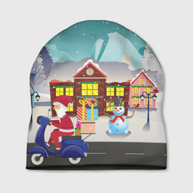 Шапка 3D с принтом В Новогоднюю ночь Дед Мороз едет на скутере с подарками в Белгороде, 100% полиэстер | универсальный размер, печать по всей поверхности изделия | 