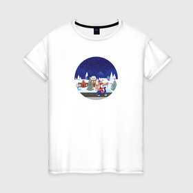 Женская футболка хлопок с принтом Дед Мороз едет на скутере с подарками в Петрозаводске, 100% хлопок | прямой крой, круглый вырез горловины, длина до линии бедер, слегка спущенное плечо | 
