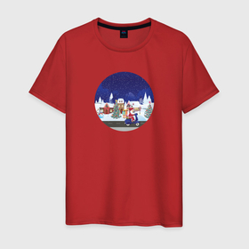 Мужская футболка хлопок с принтом Дед Мороз едет на скутере с подарками в Тюмени, 100% хлопок | прямой крой, круглый вырез горловины, длина до линии бедер, слегка спущенное плечо. | 