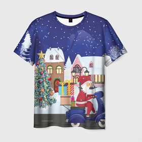 Мужская футболка 3D с принтом Дед Мороз едет на скутере с подарками в Новогоднюю ночь в Санкт-Петербурге, 100% полиэфир | прямой крой, круглый вырез горловины, длина до линии бедер | 