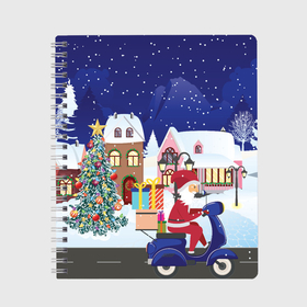Тетрадь с принтом Дед Мороз едет на скутере с подарками в Новогоднюю ночь в Екатеринбурге, 100% бумага | 48 листов, плотность листов — 60 г/м2, плотность картонной обложки — 250 г/м2. Листы скреплены сбоку удобной пружинной спиралью. Уголки страниц и обложки скругленные. Цвет линий — светло-серый
 | 