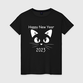 Женская футболка хлопок с принтом С новым 2023 годом котик в Белгороде, 100% хлопок | прямой крой, круглый вырез горловины, длина до линии бедер, слегка спущенное плечо | 