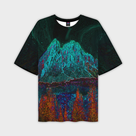 Мужская футболка OVERSIZE 3D с принтом Северное неоновое сияние: горы и лес в Тюмени,  |  | Тематика изображения на принте: 
