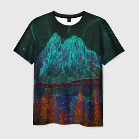 Мужская футболка 3D с принтом Северное неоновое сияние: горы и лес в Екатеринбурге, 100% полиэфир | прямой крой, круглый вырез горловины, длина до линии бедер | 