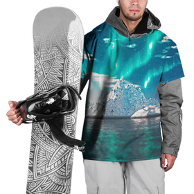 Накидка на куртку 3D с принтом Северное сияние неоновыми лучами утром: горы и озеро в Санкт-Петербурге, 100% полиэстер |  | Тематика изображения на принте: 