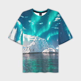 Мужская футболка OVERSIZE 3D с принтом Северное сияние неоновыми лучами утром: горы и озеро в Тюмени,  |  | Тематика изображения на принте: 