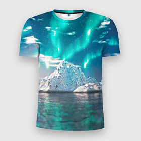 Мужская футболка 3D Slim с принтом Северное сияние неоновыми лучами утром: горы и озеро в Санкт-Петербурге, 100% полиэстер с улучшенными характеристиками | приталенный силуэт, круглая горловина, широкие плечи, сужается к линии бедра | 