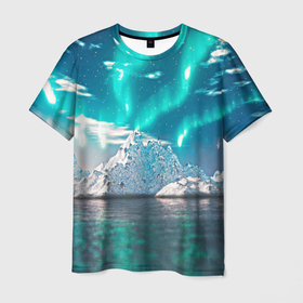 Мужская футболка 3D с принтом Северное сияние неоновыми лучами утром: горы и озеро в Кировске, 100% полиэфир | прямой крой, круглый вырез горловины, длина до линии бедер | Тематика изображения на принте: 