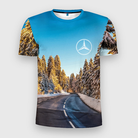 Мужская футболка 3D Slim с принтом Мерседес   зимняя дорога через лес в Белгороде, 100% полиэстер с улучшенными характеристиками | приталенный силуэт, круглая горловина, широкие плечи, сужается к линии бедра | 