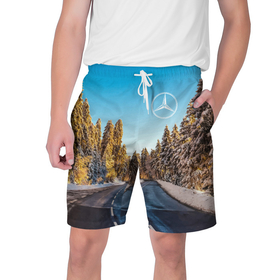 Мужские шорты 3D с принтом Мерседес   зимняя дорога через лес в Кировске,  полиэстер 100% | прямой крой, два кармана без застежек по бокам. Мягкая трикотажная резинка на поясе, внутри которой широкие завязки. Длина чуть выше колен | 