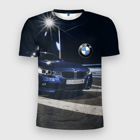 Мужская футболка 3D Slim с принтом BMW  на ночной трассе в Петрозаводске, 100% полиэстер с улучшенными характеристиками | приталенный силуэт, круглая горловина, широкие плечи, сужается к линии бедра | Тематика изображения на принте: 