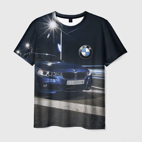 Мужская футболка 3D с принтом BMW  на ночной трассе в Петрозаводске, 100% полиэфир | прямой крой, круглый вырез горловины, длина до линии бедер | Тематика изображения на принте: 