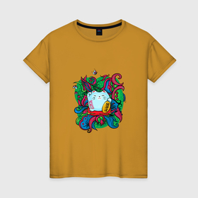 Женская футболка хлопок с принтом Кошечка манеки неко приносящая удачу с орнаментом в Тюмени, 100% хлопок | прямой крой, круглый вырез горловины, длина до линии бедер, слегка спущенное плечо | 