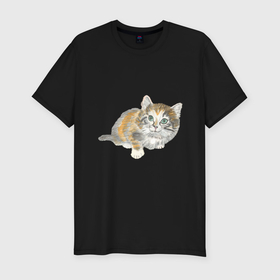 Мужская футболка хлопок Slim с принтом Маленький пушистый котенок в Курске, 92% хлопок, 8% лайкра | приталенный силуэт, круглый вырез ворота, длина до линии бедра, короткий рукав | 
