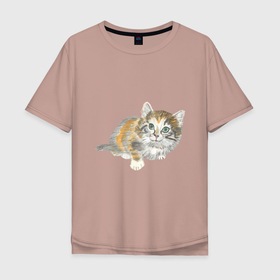 Мужская футболка хлопок Oversize с принтом Маленький пушистый котенок в Санкт-Петербурге, 100% хлопок | свободный крой, круглый ворот, “спинка” длиннее передней части | 