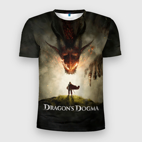 Мужская футболка 3D Slim с принтом Рыцарь и дракон Dragons dogma в Кировске, 100% полиэстер с улучшенными характеристиками | приталенный силуэт, круглая горловина, широкие плечи, сужается к линии бедра | 