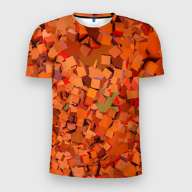 Мужская футболка 3D Slim с принтом Оранжевые кубы в абстракции в Белгороде, 100% полиэстер с улучшенными характеристиками | приталенный силуэт, круглая горловина, широкие плечи, сужается к линии бедра | Тематика изображения на принте: 