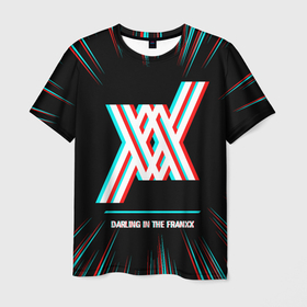 Мужская футболка 3D с принтом Символ Darling in the FranXX в стиле glitch на темном фоне в Екатеринбурге, 100% полиэфир | прямой крой, круглый вырез горловины, длина до линии бедер | 