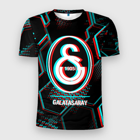 Мужская футболка 3D Slim с принтом Galatasaray FC в стиле glitch на темном фоне в Екатеринбурге, 100% полиэстер с улучшенными характеристиками | приталенный силуэт, круглая горловина, широкие плечи, сужается к линии бедра | Тематика изображения на принте: 