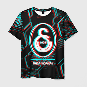 Мужская футболка 3D с принтом Galatasaray FC в стиле glitch на темном фоне в Екатеринбурге, 100% полиэфир | прямой крой, круглый вырез горловины, длина до линии бедер | 