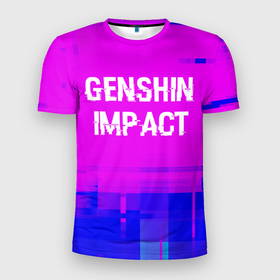 Мужская футболка 3D Slim с принтом Genshin Impact glitch text effect: символ сверху в Новосибирске, 100% полиэстер с улучшенными характеристиками | приталенный силуэт, круглая горловина, широкие плечи, сужается к линии бедра | 