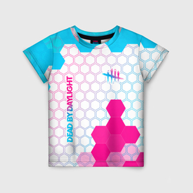 Детская футболка 3D с принтом Dead by Daylight neon gradient style: надпись, символ в Белгороде, 100% гипоаллергенный полиэфир | прямой крой, круглый вырез горловины, длина до линии бедер, чуть спущенное плечо, ткань немного тянется | 