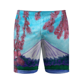 Мужские шорты спортивные с принтом Цветение сакуры Фудзияма в Тюмени,  |  | 