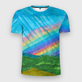 Мужская футболка 3D Slim с принтом Летний дождь радуга в Кировске, 100% полиэстер с улучшенными характеристиками | приталенный силуэт, круглая горловина, широкие плечи, сужается к линии бедра | 