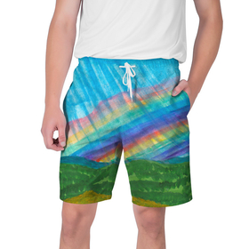 Мужские шорты 3D с принтом Летний дождь радуга в Тюмени,  полиэстер 100% | прямой крой, два кармана без застежек по бокам. Мягкая трикотажная резинка на поясе, внутри которой широкие завязки. Длина чуть выше колен | 
