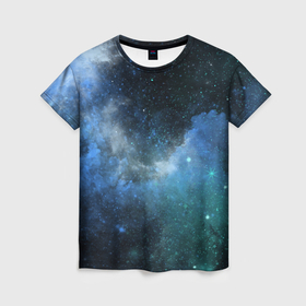 Женская футболка 3D с принтом Акварель галактики в Петрозаводске, 100% полиэфир ( синтетическое хлопкоподобное полотно) | прямой крой, круглый вырез горловины, длина до линии бедер | 