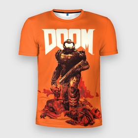Мужская футболка 3D Slim с принтом DOOM   Doomguy в Курске, 100% полиэстер с улучшенными характеристиками | приталенный силуэт, круглая горловина, широкие плечи, сужается к линии бедра | 