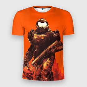 Мужская футболка 3D Slim с принтом Думгай с головой   Doom в Курске, 100% полиэстер с улучшенными характеристиками | приталенный силуэт, круглая горловина, широкие плечи, сужается к линии бедра | 