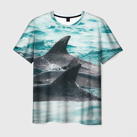 Мужская футболка 3D с принтом Стая дельфинов в Кировске, 100% полиэфир | прямой крой, круглый вырез горловины, длина до линии бедер | Тематика изображения на принте: 