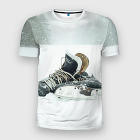 Мужская футболка 3D Slim с принтом Хоккейные коньки в Санкт-Петербурге, 100% полиэстер с улучшенными характеристиками | приталенный силуэт, круглая горловина, широкие плечи, сужается к линии бедра | 