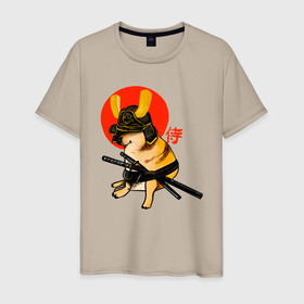 Мужская футболка хлопок с принтом Собакен самурай , 100% хлопок | прямой крой, круглый вырез горловины, длина до линии бедер, слегка спущенное плечо. | Тематика изображения на принте: 