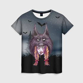 Женская футболка 3D с принтом Девушка в скальпеле волка в Курске, 100% полиэфир ( синтетическое хлопкоподобное полотно) | прямой крой, круглый вырез горловины, длина до линии бедер | 