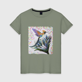 Женская футболка хлопок с принтом Колибри с хохолком в Санкт-Петербурге, 100% хлопок | прямой крой, круглый вырез горловины, длина до линии бедер, слегка спущенное плечо | 