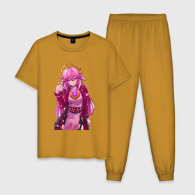 Мужская пижама хлопок с принтом Яэ Мико на стиле   Геншин Импакт в Санкт-Петербурге, 100% хлопок | брюки и футболка прямого кроя, без карманов, на брюках мягкая резинка на поясе и по низу штанин
 | 
