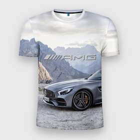Мужская футболка 3D Slim с принтом Mercedes AMG V8 Biturbo cabriolet   mountains в Тюмени, 100% полиэстер с улучшенными характеристиками | приталенный силуэт, круглая горловина, широкие плечи, сужается к линии бедра | Тематика изображения на принте: 