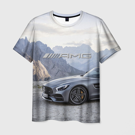 Мужская футболка 3D с принтом Mercedes AMG V8 Biturbo cabriolet   mountains в Екатеринбурге, 100% полиэфир | прямой крой, круглый вырез горловины, длина до линии бедер | 