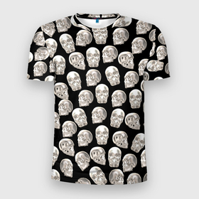 Мужская футболка 3D Slim с принтом Паттерн с металлическими серебристыми черепами в Петрозаводске, 100% полиэстер с улучшенными характеристиками | приталенный силуэт, круглая горловина, широкие плечи, сужается к линии бедра | 