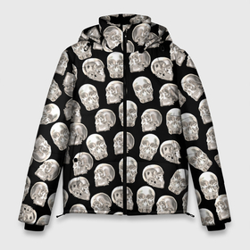 Мужская зимняя куртка 3D с принтом Паттерн с металлическими серебристыми черепами в Екатеринбурге, верх — 100% полиэстер; подкладка — 100% полиэстер; утеплитель — 100% полиэстер | длина ниже бедра, свободный силуэт Оверсайз. Есть воротник-стойка, отстегивающийся капюшон и ветрозащитная планка. 

Боковые карманы с листочкой на кнопках и внутренний карман на молнии. | 